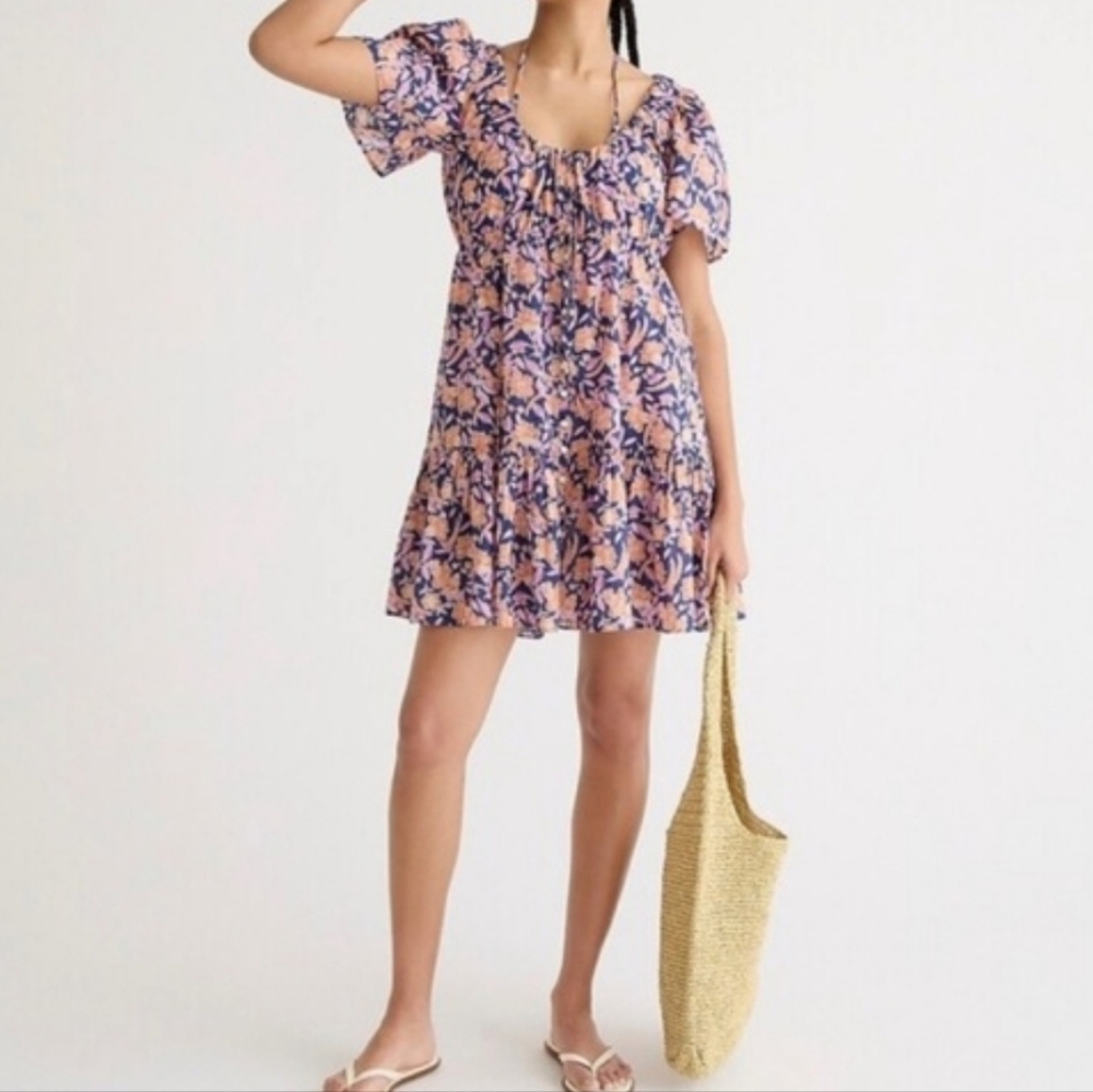 J.Crew Voile Beach Painted Block Print Floral Button Front Tiered Dress